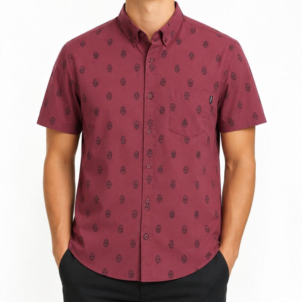 Molokai Surf Shirt Mens XL Red Skulls Cotton Short Sleeve Classic Button-Down